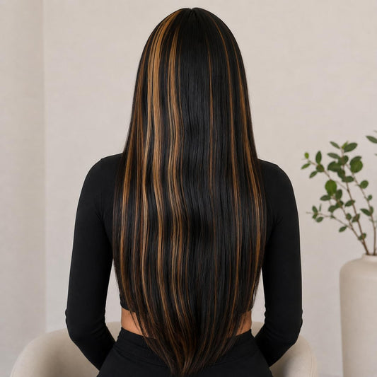 Ritzkart Hair Wig 32 Inch Long Straight for Women, Black with Golden Highlights, Lace Front Wig with Natural Hairline Synthetic Fiber Long Hair Wig for Women
