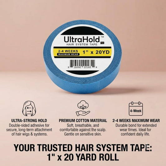 Ultra Hold Hair System Combo with 100ml strong hold adhesive glue and double-sided black cotton tape. Ideal for hair patches, toupees, wigs and hair systems.