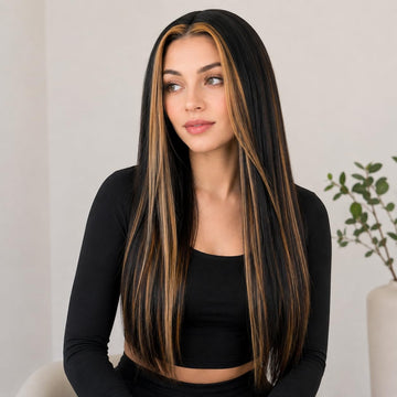 Ritzkart Hair Wig 32 Inch Long Straight for Women, Black with Golden Highlights, Lace Front Wig with Natural Hairline Synthetic Fiber Long Hair Wig for Women