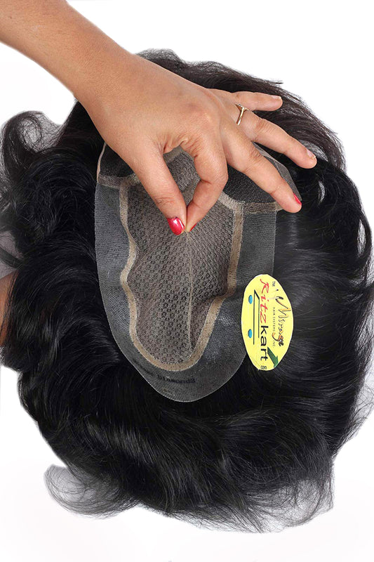 Ritzkart Natural Black (Dark Brown) Human Hair DIAMOND Mirage Patch Triple Layer Skin Base Net Natural Hair Line Non Surgical Men Hair Replacement System For Long life
