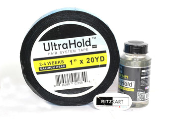Ultra Hold Hair System Combo with 100ml strong hold adhesive glue and double-sided black cotton tape. Ideal for hair patches, toupees, wigs and hair systems.