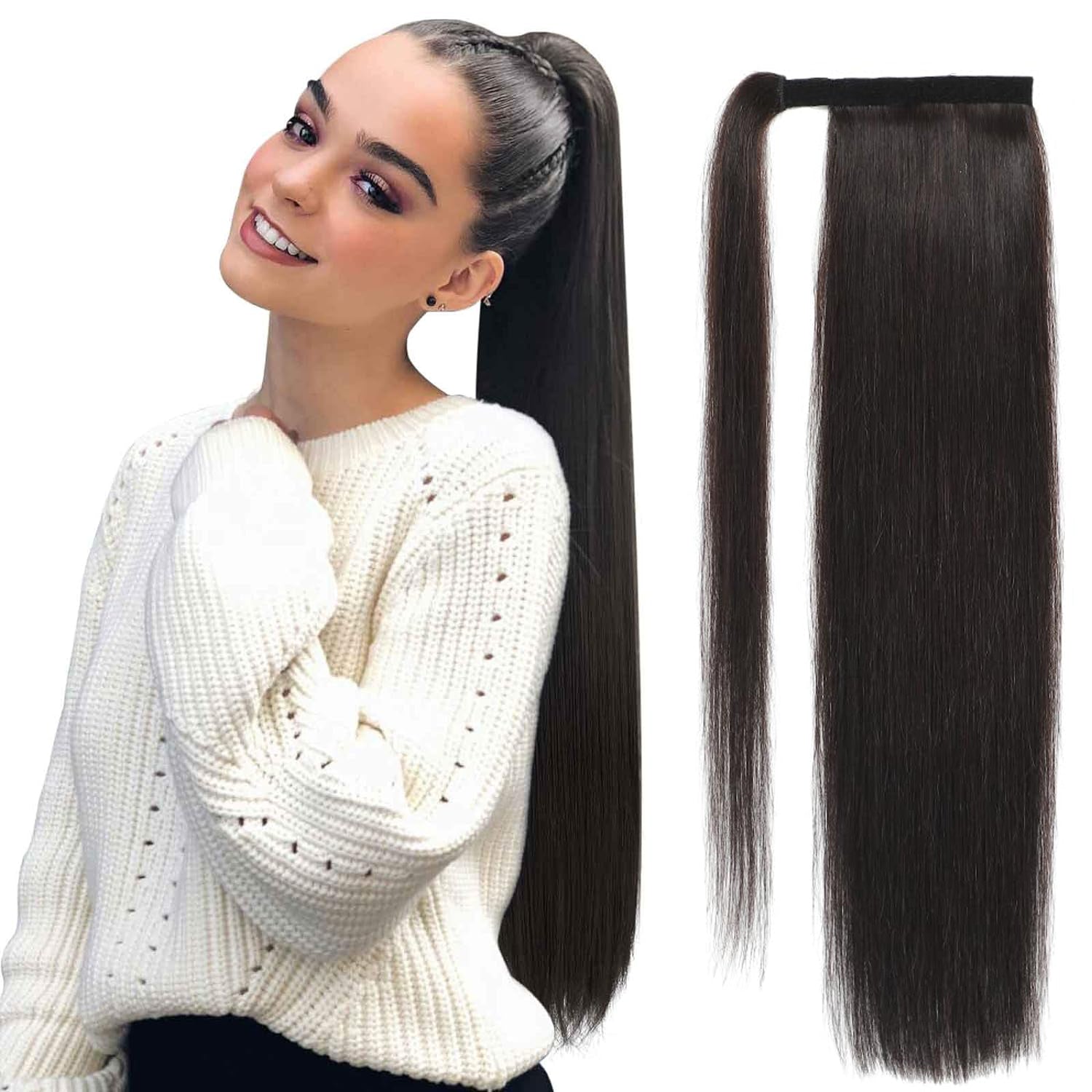 Ritzkart 28 Inch  Human Hair Ponytail Extension Straight Remy Human Hair Wrap Around Ponytail Extensions Natural Color Pony Tail Hair Pieces for Women (Dark Brown)