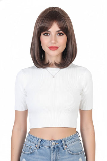 Ritzprime Bob Medium Style Women Hair Wig 18 Inch Light Brown Natural Color Feel Real Hairline Front Bob Fringe With Double Skin Base Hair Wig .