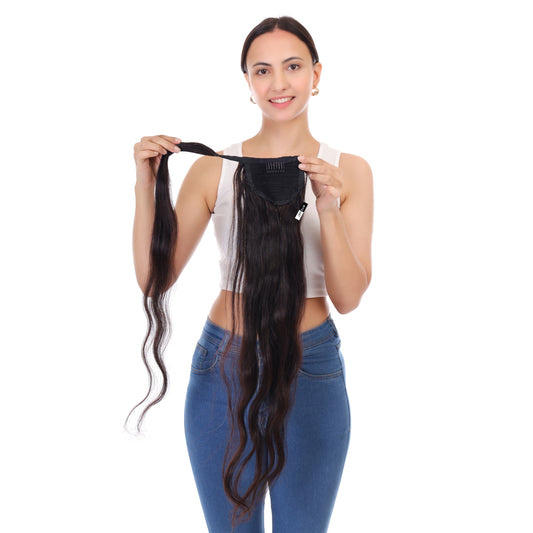 Ponytail Human Hair Straight Long , Ponytail For Women & Girls Premium Remy Human Hair, Natural Dark Brown Wrap Around Ponytail Extension with Velcro Tape & Clip for Comfortable Fit Perfect for Women & Girls (28 Inch) Brand By Ritzkart