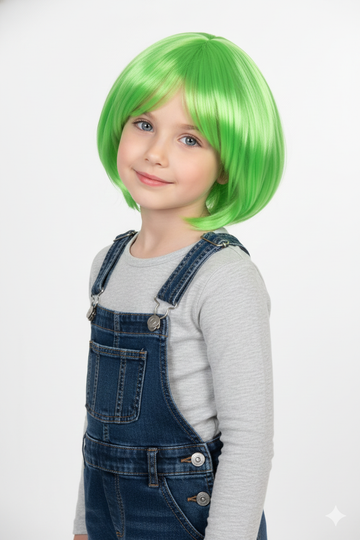 Kids Wig 12 Inch Short Straight Synthetic Hair Parrot Green Color Shiny Fancy Dress Wig for Children Easy Wear & Remove Soft Hair Wig with 20–22 Inch Adjustable Cap