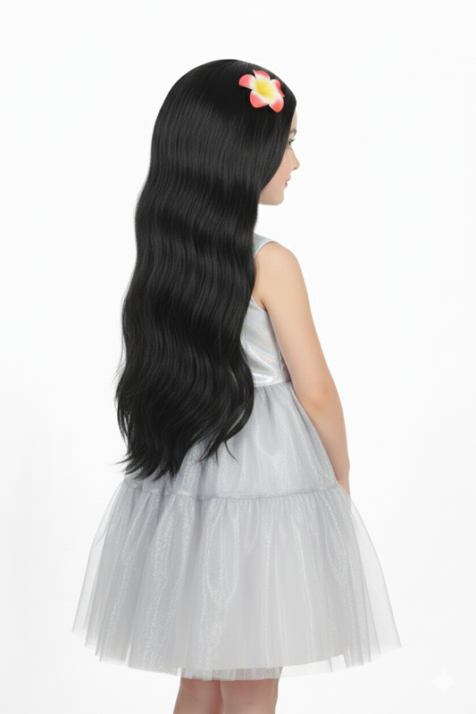 Kids Wig Black 24 Inch Straight Synthetic Hair with Beautiful Flower Accessory Centre Part Design Shiny Lightweight Wig Easy to Wear & Remove Cap Size 18–20 Inch