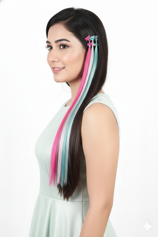 Ritzkart 6 Pcs Colored Glitter Hair Extensions for Women & Kids  Multicolor Synthetic Clip-In Hair Streaks, Soft Real Hair-Like Look