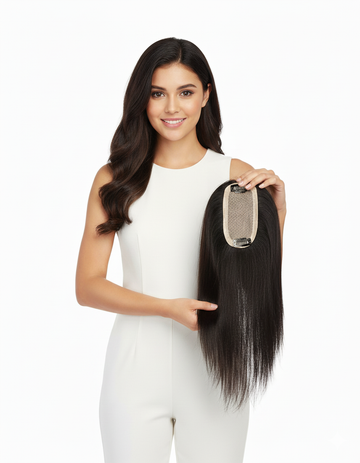 Ritzkart 2x4 Base Size Mono Base Natural Black Clip-In Soft Long Straight Human Hair Center Part Handmade Topper for Women