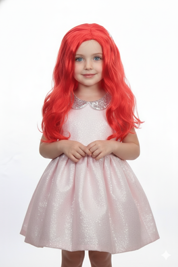 Kids Wig 18 Inch Shiny Red Color Synthetic Wavy Hair Wig with Star Sticker Cap Size 16–18 Inch Hair with Center Part Design Wigs for Kid Girls
