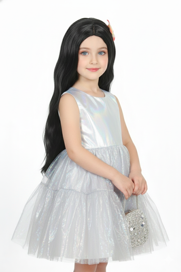 Kids Wig Black 24 Inch Straight Synthetic Hair with Beautiful Flower Accessory Centre Part Design Shiny Lightweight Wig Easy to Wear & Remove Cap Size 18–20 Inch