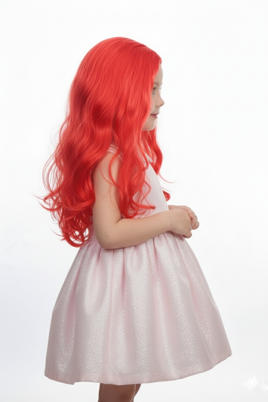 Kids Wig 18 Inch Shiny Red Color Synthetic Wavy Hair Wig with Star Sticker Cap Size 16–18 Inch Hair with Center Part Design Wigs for Kid Girls