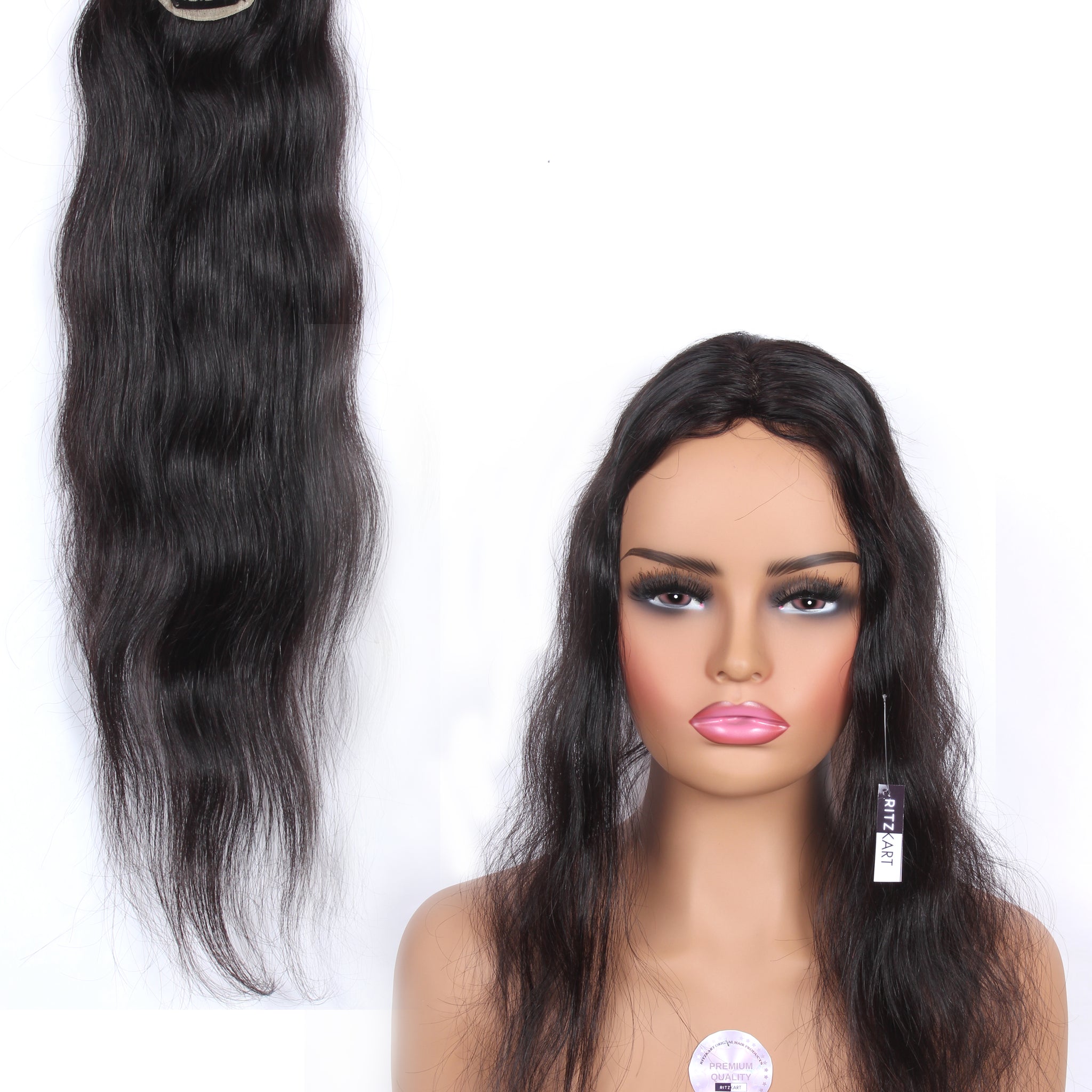 Ritzkart 2x4 Base Size Mono Base Natural Black Clip-In Soft Long Straight Human Hair Center Part Handmade Topper for Women