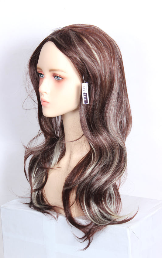 Ritzkart 26 Inch Long Hair Wavy Style Centre Part Brown & Off White Color Mix Synthetic Glue less Hair Wig For Women