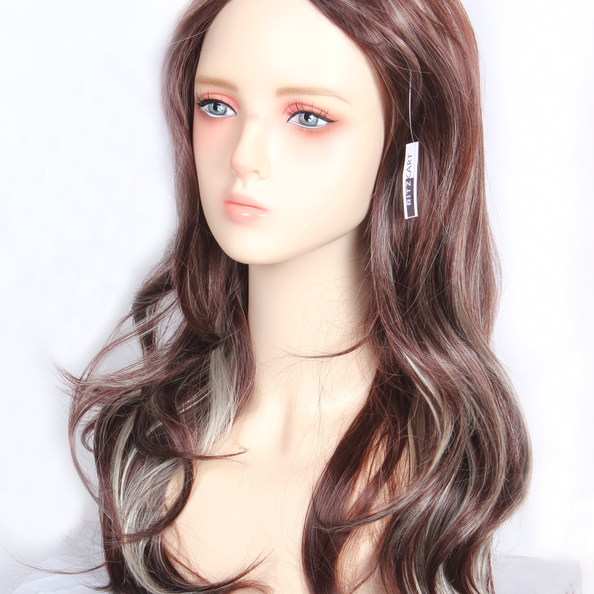 Ritzkart 26 Inch Long Hair Wavy Style Centre Part Brown & Off White Color Mix Synthetic Glue less Hair Wig For Women