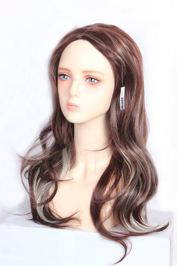 Ritzkart 26 Inch Long Hair Wavy Style Centre Part Brown & Off White Color Mix Synthetic Glue less Hair Wig For Women