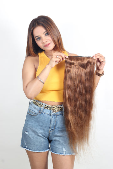 Premium 100% Indian Human Hair Extensions: Light Brown Straight Soft Hair Extensions Remi Virgin Hair with Instant Volume .