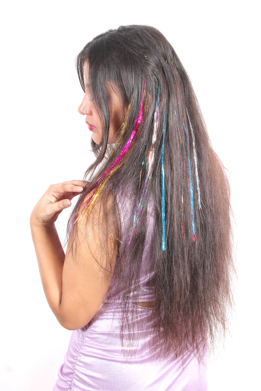 Ritzkart Glitter Hair Extensions Strands - Pack of 6 Holographic Sparkle Shiny Straight Hair Extensions in 6 Colors with Easy-to-Attach Pins
