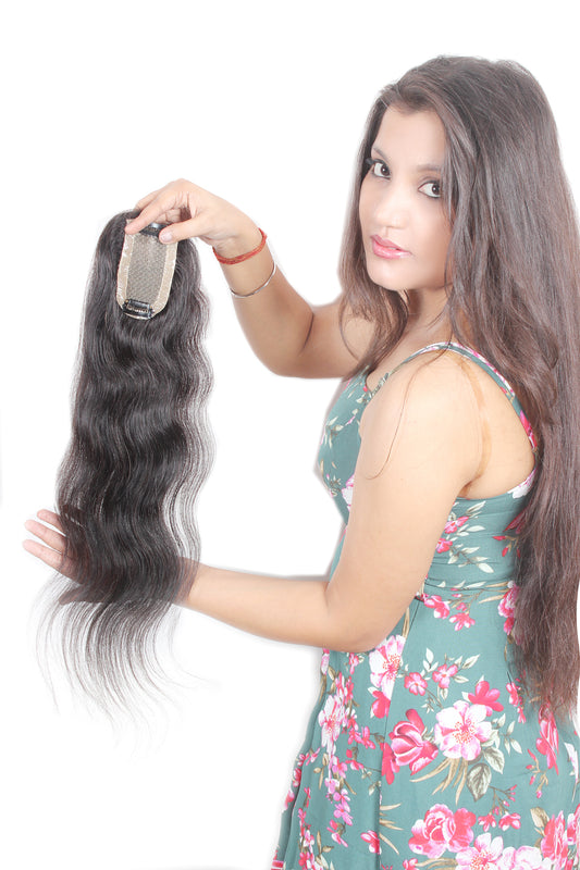 Ritzkart 2x4 Base Size Mono Base Natural Black Clip-In Soft Long Straight Human Hair Center Part Handmade Topper for Women