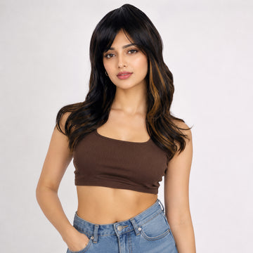 Ritzkart 22 Inch Black & Golden Highlight Wavy Long Synthetic Hair Wig for Women Soft Natural-Look Full Head Glueless Wig