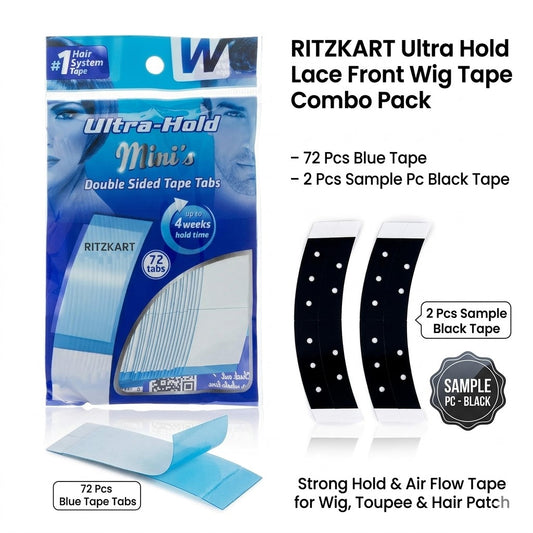 Ritzkart Ultra Hold Lace Front Wig Tape Combo Pack – 72 Tabs Blue + 2 Pcs Sample Black Strong Hold Air Flow Tape for Wig Toupee & Hair Patch