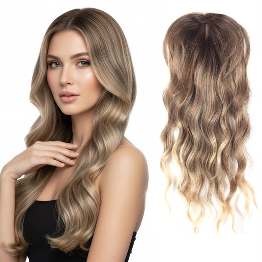 Hair Topper for Women – Wavy Curly Middle Part, 6x6 Inch Base & 22 Inch Length. Lightweight breathable clip-in topper for thinning hair with front coverage. Natural realistic human hair-like look in matte non-shiny premium fiber. Ash Brown Blonde Mix