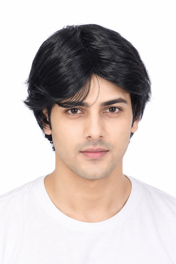 Ritzkart Men’s Short Black Wig with Side Fringe Natural-Looking Straight Synthetic Full Head Wig 6–9 Inch Hair Length 22 Inch Wig Cap