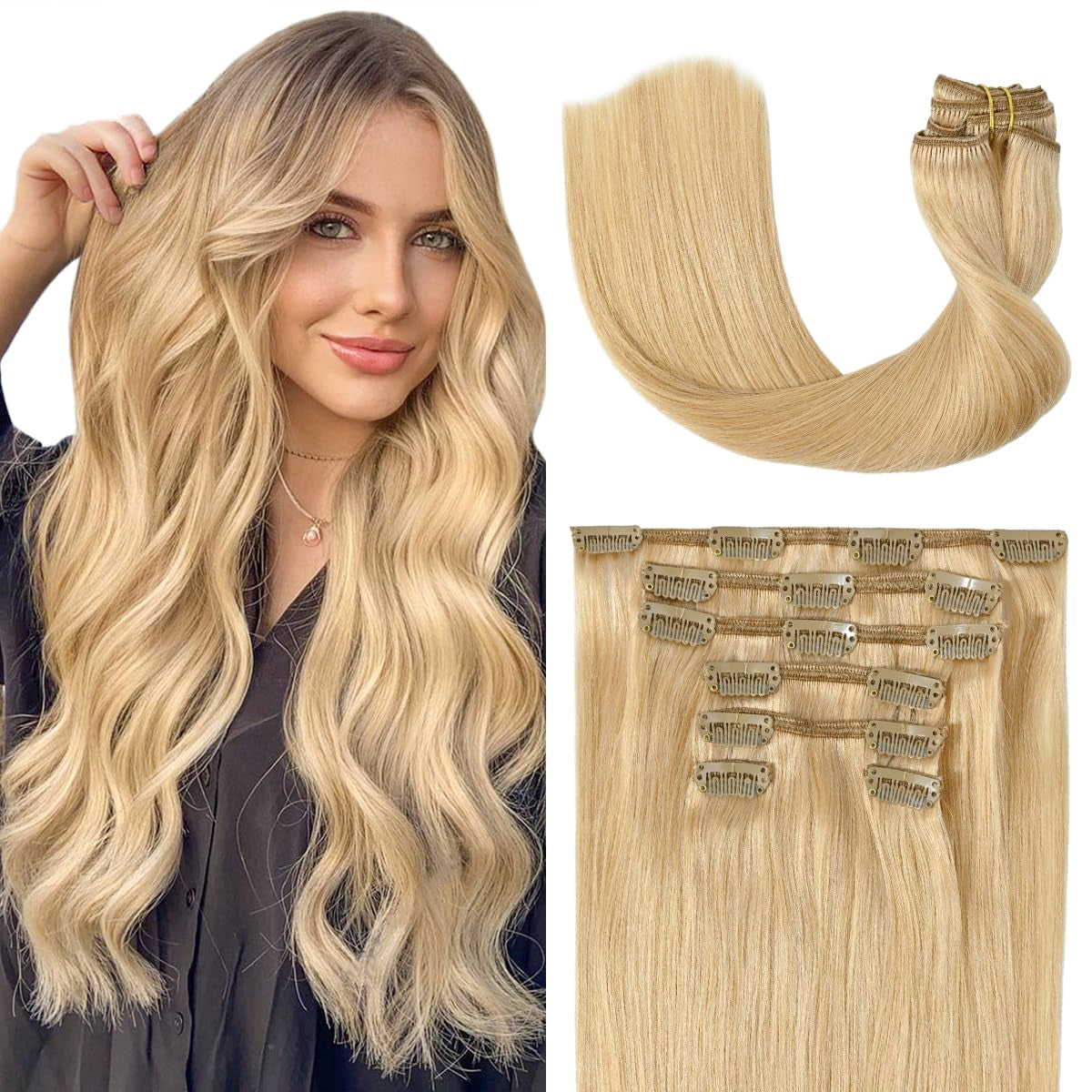 7-Piece Blonde Human Hair Extension Set for Women – 20 Inch, Soft Remy Straight Hair with 16 Clips for Natural, Long, and Gorgeous Look