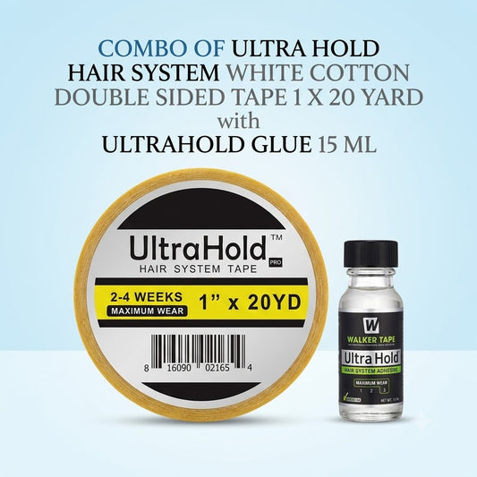 Ritzkart Combo of Ultra Hold Double Sided White Cotton Hair System Tape 1 Inch x 20 Yards & Ultra Hold Hair System Glue 15ml Strong Adhesive for Wigs, Toupees, Hair Patches & Hair Replacement Systems