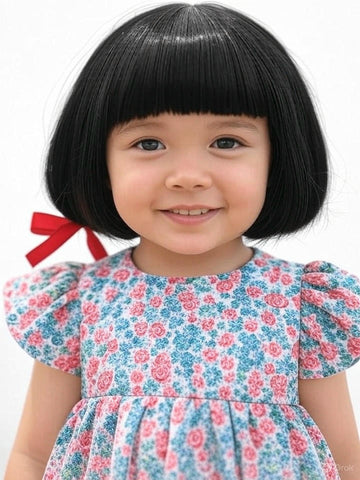 Kids Wig for Girls – 10 Inch Straight Bob Cut Wig with Front Fringe and Center Part – Soft Black Fiber Synthetic Hair Wig for Children – Adjustable 18 Inch Cap with Hooks for Small Head Size