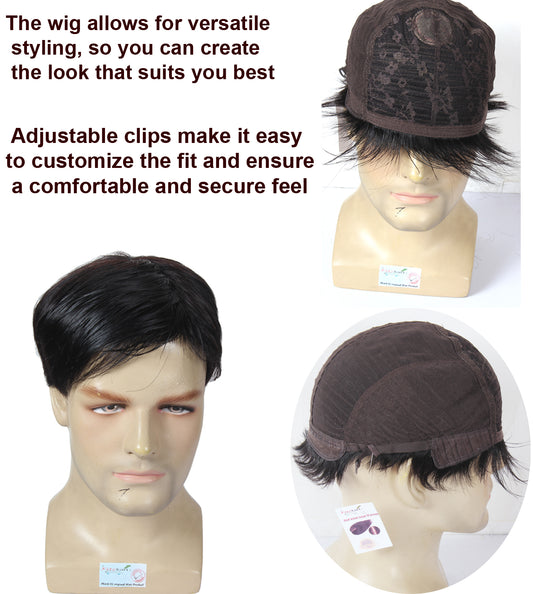 Ritzkart Short Black 100% Men's Soft Human Hair With Adjustable clips Glue-less Full Head high-quality Hair Wig For Men