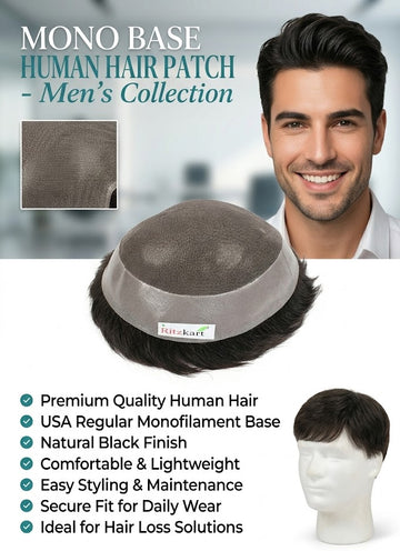 USA Regular Base Monofilament HAIR TOUPEE,HAIR WIG FOR MEN HUMAN HAIR BLACK Men Patch/Hair Wig  ( Mono base Patch In Whole sale Rate Only India )