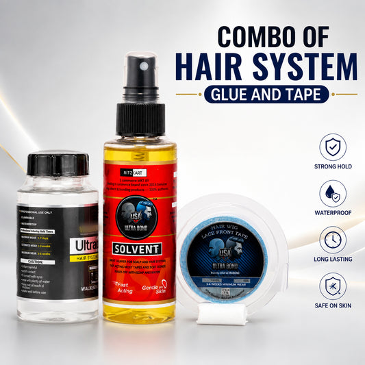 Ritzkart Hair System Bonding & Maintenance Combo Kit – Ultra Hold Glue 101 ml, Ultra Bond Solvent & Lace Front Tape 1 x 3 Yard – Hair Patch, Toupee, Wig & Lace Hair System Adhesive Kit