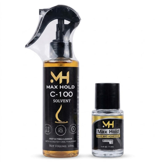 Max Hold Professional Hair System Combo - C-100 Fast-Acting Solvent (118ml) & High-Strength Lace Wig Adhesive (11.8ml) - Extra Secure Water-Resistant Hair Replacement Kit
