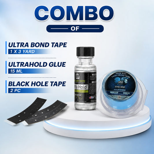 Ritzkart Hair System Adhesive Combo Black Hole Tape 2 PC + Ultra Bond Hair System Tape 1 x 3 Yard + Ultra Hold Glue 15ml Toupee, Hair Patch Wig & Lace Front Adhesive Kit