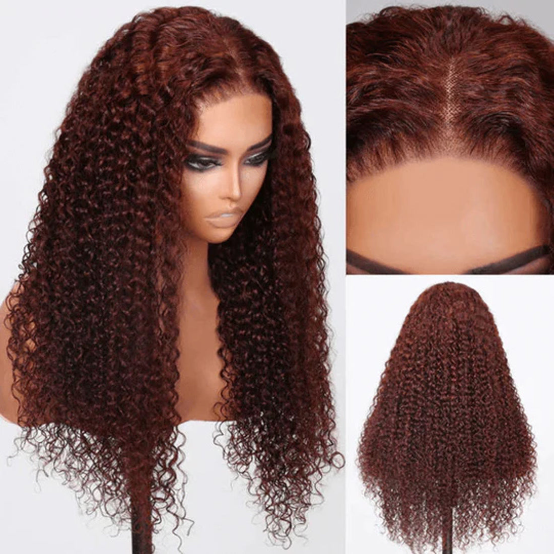 18 Inch Copper-Brown Kinky Human Hair Wig - Glueless, Natural Color, Soft Matte Finish, Adjustable Cap