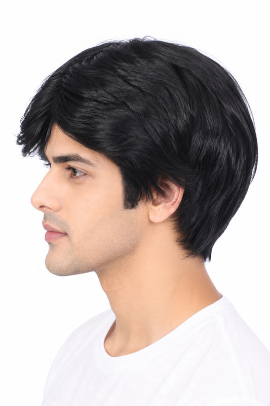 Ritzkart Men’s Short Black Wig with Side Fringe Natural-Looking Straight Synthetic Full Head Wig 6–9 Inch Hair Length 22 Inch Wig Cap