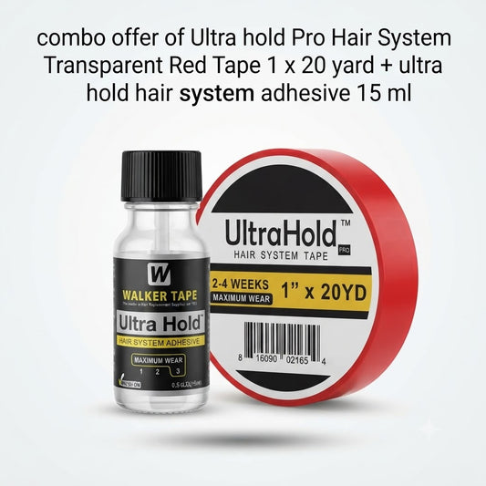 Ultra Hold Pro Hair System Tape & Glue Combo with 1 x 20 Yards Red Tape and 15ml Strong Hold Adhesive. Ideal for lace wigs, toupees, PU hair systems and hair patches.