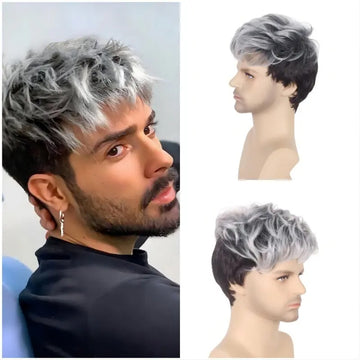 Men Wig Synthetic Hair Silver-Gray Color of Front With Top & Dark Brown Color from Back and Sides Men’s Two-Tone Synthetic Hair Wig Wavy on Top, Straight at Back Free Size Elastic Cap with Inner Hooks for Comfortable Fit – Stylish Fiber Wig for Men