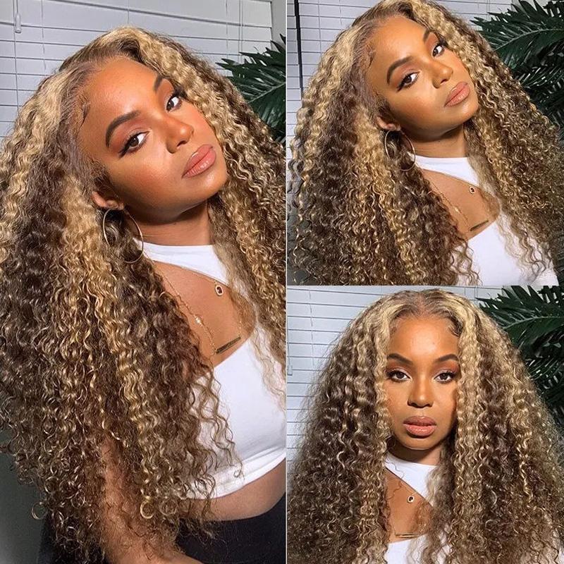 Piano Inter-color Highlight 1 pc Human Hair Curly Closure Lace Wig For Women