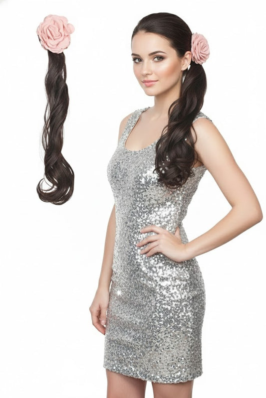 Claw Clip Ponytail with Flower 18 Inch Wavy Dark Brown Synthetic Ponytail for Women – Natural Look Wavy Hair Extension Easy to Use & Remove Stylish Hair Accessory