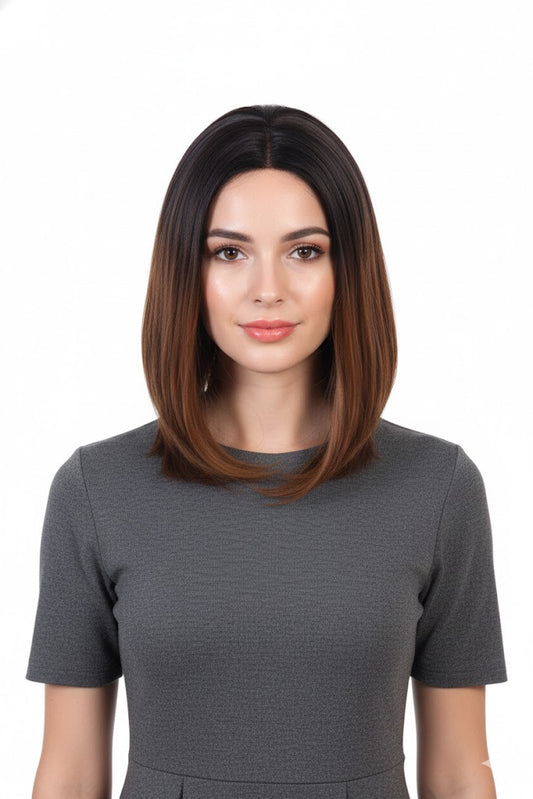 Hair Wig Ombre Style Shoulder Length 16 Inch long dark brown golden Mix Color Feel Real Straight Hairline With Bob Cut Air bang Double Skin Base Hair Wig
