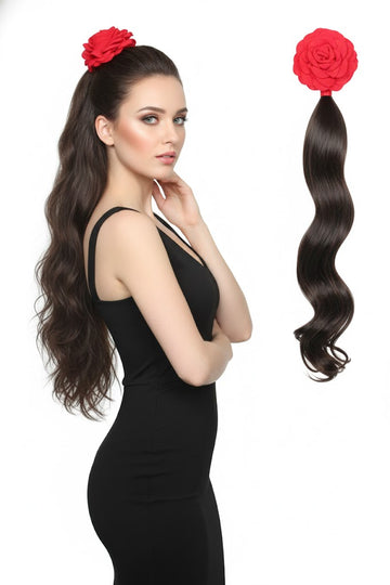 Claw Clip Ponytail with Flower 18 Inch Wavy Dark Brown Synthetic Ponytail for Women – Natural Look Wavy Hair Extension Easy to Use & Remove Stylish Hair Accessory