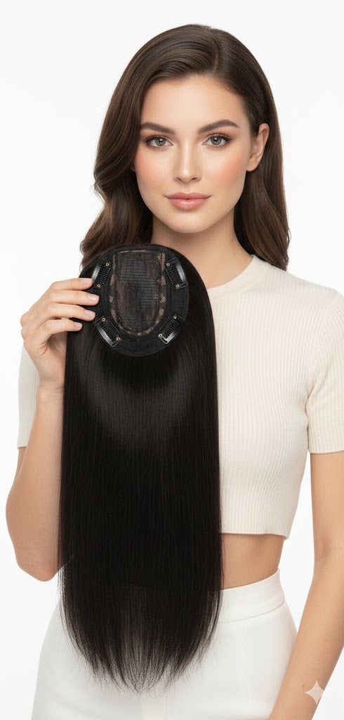 Ritzkart Hair Topper for Women – Dark Brown Synthetic Fiber Straight Topper, 5x5 Inch Base, Clip-On with Middle Part, 20 Inch Long, Lightweight Matte Finish, Natural Look Hair Extension for Thinning Hair & Grey/White Coverage (4 Clips)