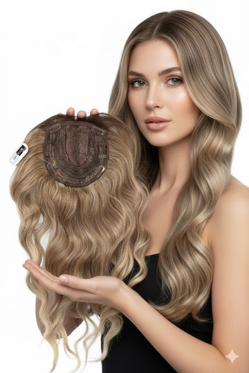 Hair Topper for Women – Wavy Curly Middle Part, 6x6 Inch Base & 22 Inch Length. Lightweight breathable clip-in topper for thinning hair with front coverage. Natural realistic human hair-like look in matte non-shiny premium fiber. Ash Brown Blonde Mix