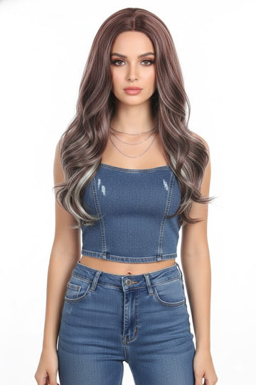 Ritzkart 26 Inch Long Wavy Synthetic Hair Wig for Women  Centre Part Brown & Off-White Mix  Glueless Natural-Look Wig